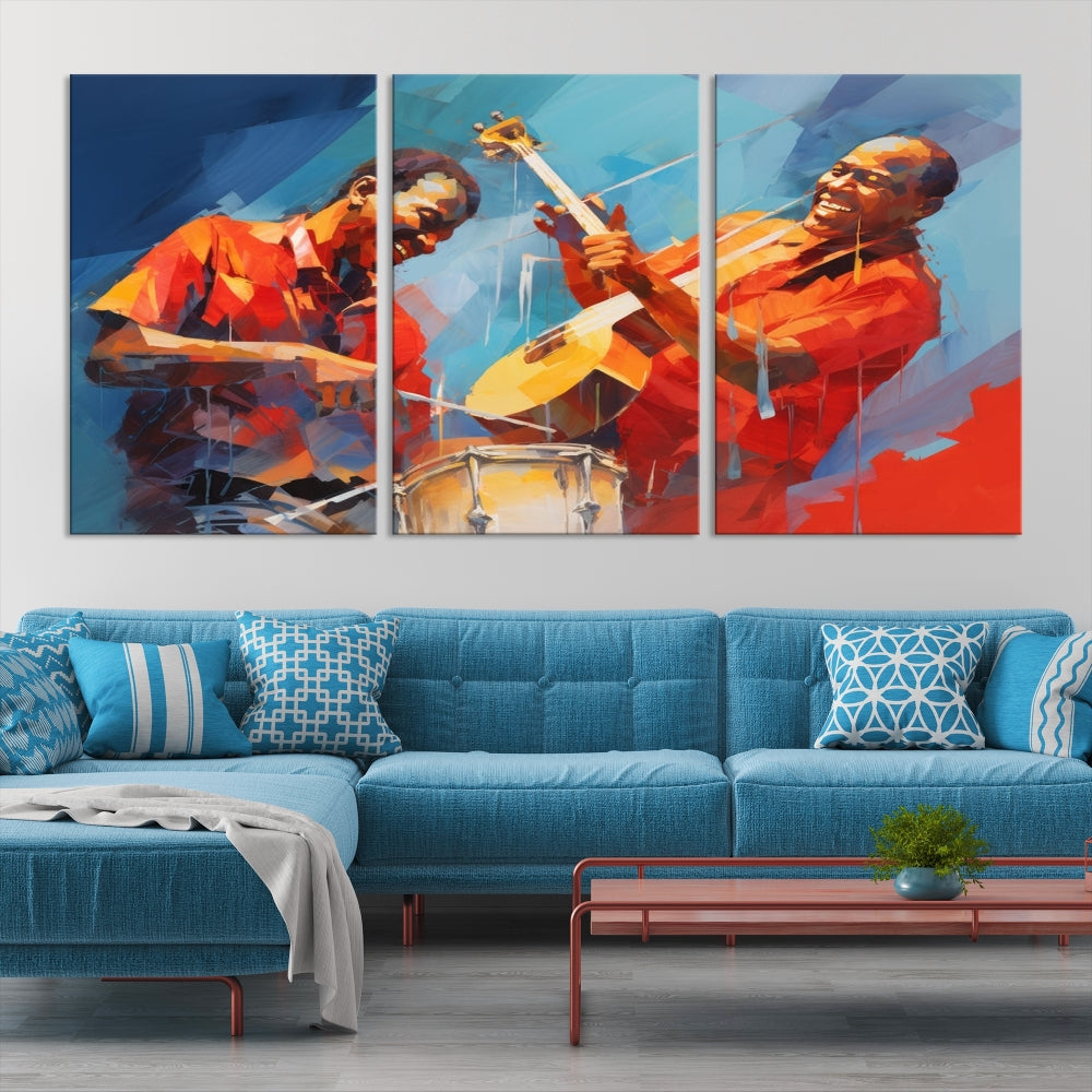 Three pieces of Abstract African American Jazz Wall Art, vibrant in color and rendered on museum-quality canvases, hang prominently. Each artwork is professionally hand-assembled for durability and features a UV-protective coating to preserve its vivid hues over time.