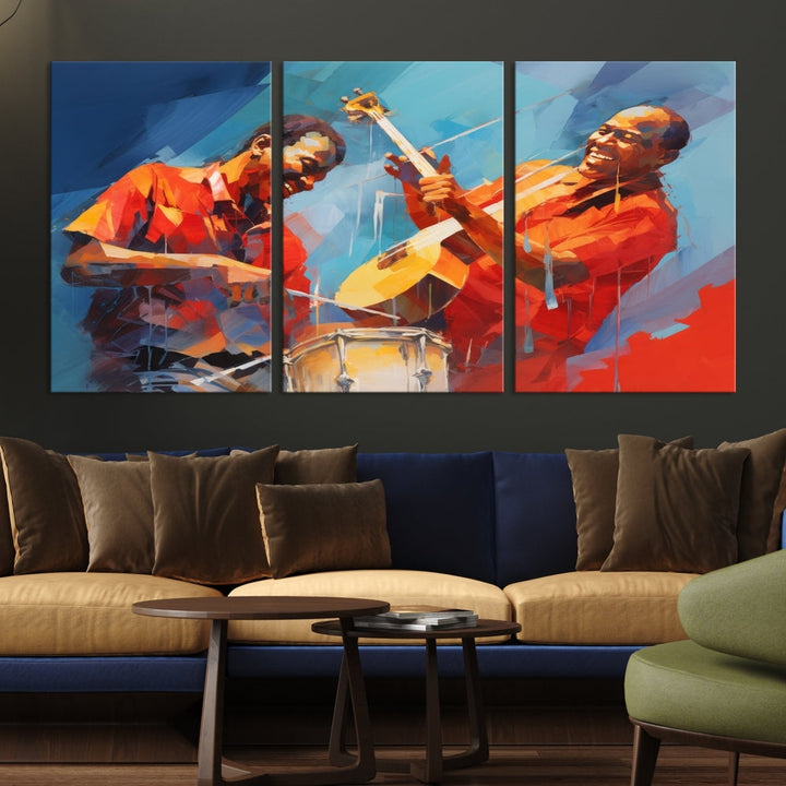 Three pieces of Abstract African American Jazz Wall Art, vibrant in color and rendered on museum-quality canvases, hang prominently. Each artwork is professionally hand-assembled for durability and features a UV-protective coating to preserve its vivid hues over time.