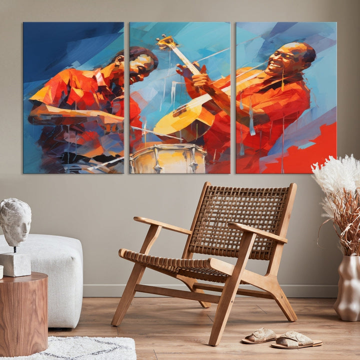 Three pieces of Abstract African American Jazz Wall Art, vibrant in color and rendered on museum-quality canvases, hang prominently. Each artwork is professionally hand-assembled for durability and features a UV-protective coating to preserve its vivid hues over time.