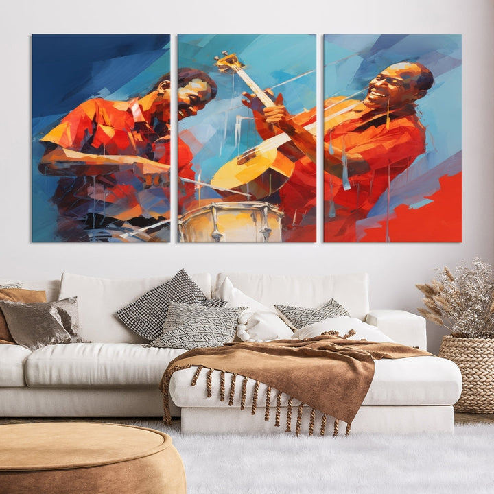 Three pieces of Abstract African American Jazz Wall Art, vibrant in color and rendered on museum-quality canvases, hang prominently. Each artwork is professionally hand-assembled for durability and features a UV-protective coating to preserve its vivid hues over time.