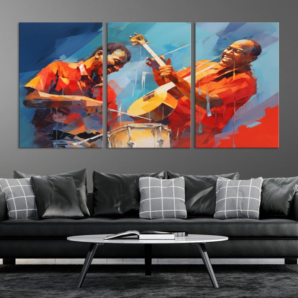 Three pieces of Abstract African American Jazz Wall Art, vibrant in color and rendered on museum-quality canvases, hang prominently. Each artwork is professionally hand-assembled for durability and features a UV-protective coating to preserve its vivid hues over time.