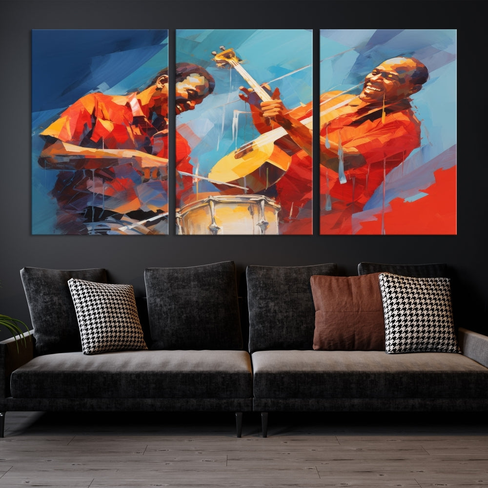 Three pieces of Abstract African American Jazz Wall Art, vibrant in color and rendered on museum-quality canvases, hang prominently. Each artwork is professionally hand-assembled for durability and features a UV-protective coating to preserve its vivid hues over time.