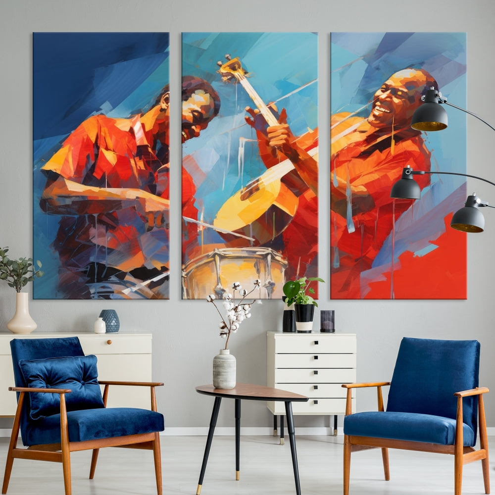 Three pieces of Abstract African American Jazz Wall Art, vibrant in color and rendered on museum-quality canvases, hang prominently. Each artwork is professionally hand-assembled for durability and features a UV-protective coating to preserve its vivid hues over time.