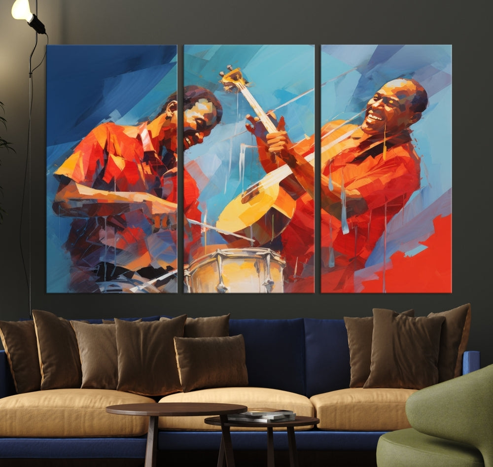 Three pieces of Abstract African American Jazz Wall Art, vibrant in color and rendered on museum-quality canvases, hang prominently. Each artwork is professionally hand-assembled for durability and features a UV-protective coating to preserve its vivid hues over time.