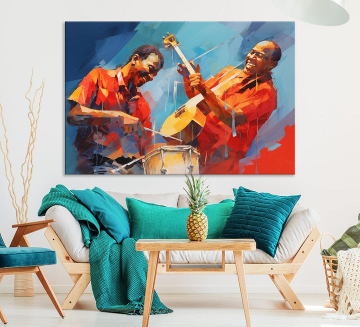 Three pieces of Abstract African American Jazz Wall Art, vibrant in color and rendered on museum-quality canvases, hang prominently. Each artwork is professionally hand-assembled for durability and features a UV-protective coating to preserve its vivid hues over time.