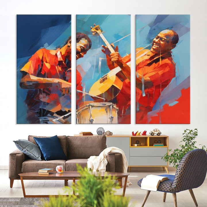 Three pieces of Abstract African American Jazz Wall Art, vibrant in color and rendered on museum-quality canvases, hang prominently. Each artwork is professionally hand-assembled for durability and features a UV-protective coating to preserve its vivid hues over time.