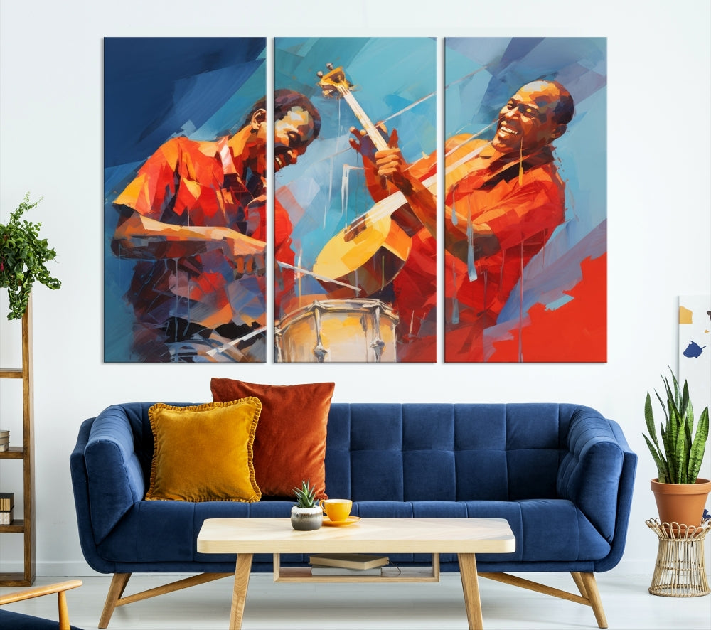 Three pieces of Abstract African American Jazz Wall Art, vibrant in color and rendered on museum-quality canvases, hang prominently. Each artwork is professionally hand-assembled for durability and features a UV-protective coating to preserve its vivid hues over time.