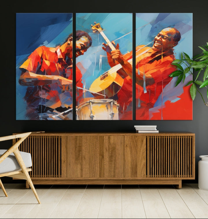 Three pieces of Abstract African American Jazz Wall Art, vibrant in color and rendered on museum-quality canvases, hang prominently. Each artwork is professionally hand-assembled for durability and features a UV-protective coating to preserve its vivid hues over time.