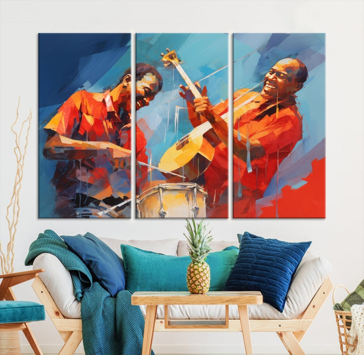 Three pieces of Abstract African American Jazz Wall Art, vibrant in color and rendered on museum-quality canvases, hang prominently. Each artwork is professionally hand-assembled for durability and features a UV-protective coating to preserve its vivid hues over time.