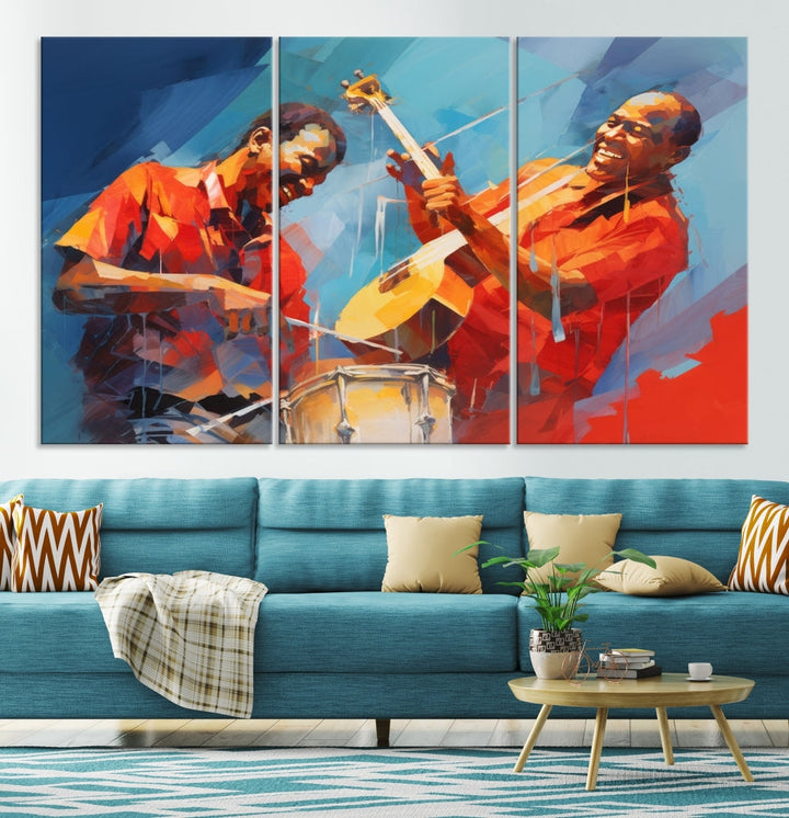 Three pieces of Abstract African American Jazz Wall Art, vibrant in color and rendered on museum-quality canvases, hang prominently. Each artwork is professionally hand-assembled for durability and features a UV-protective coating to preserve its vivid hues over time.