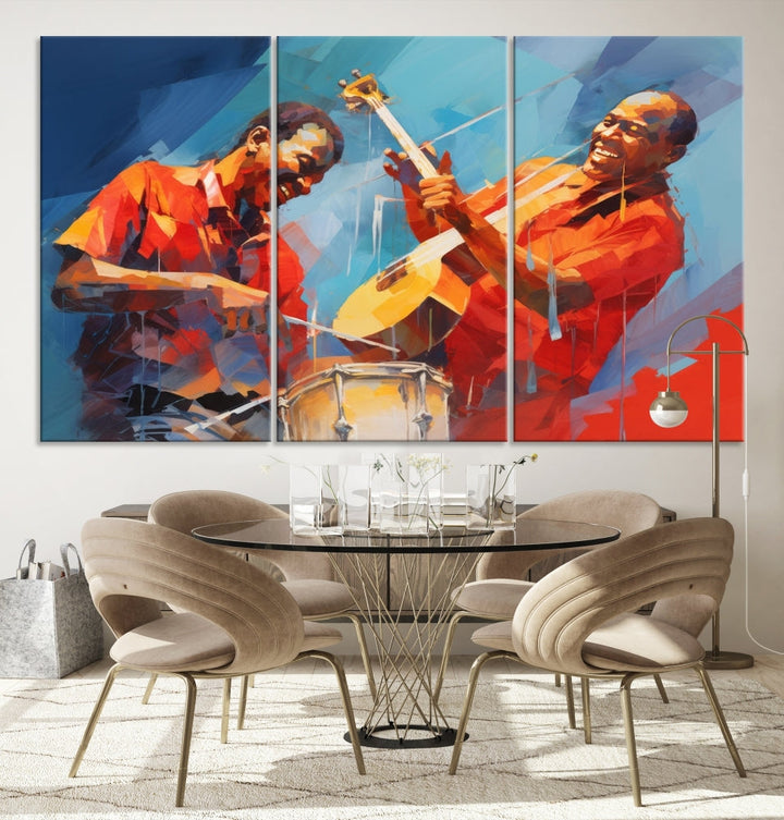 Three pieces of Abstract African American Jazz Wall Art, vibrant in color and rendered on museum-quality canvases, hang prominently. Each artwork is professionally hand-assembled for durability and features a UV-protective coating to preserve its vivid hues over time.