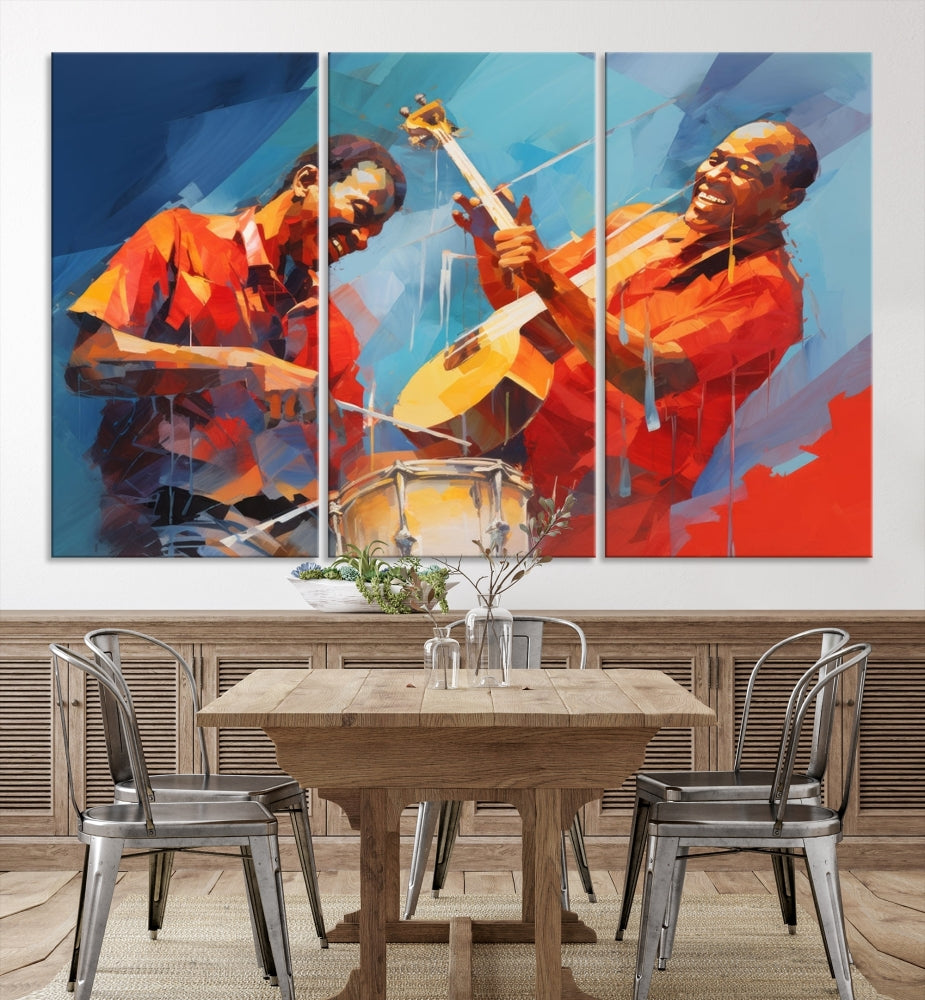 Three pieces of Abstract African American Jazz Wall Art, vibrant in color and rendered on museum-quality canvases, hang prominently. Each artwork is professionally hand-assembled for durability and features a UV-protective coating to preserve its vivid hues over time.