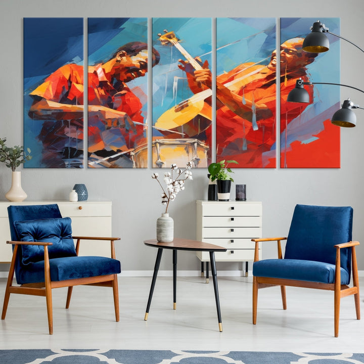 Three pieces of Abstract African American Jazz Wall Art, vibrant in color and rendered on museum-quality canvases, hang prominently. Each artwork is professionally hand-assembled for durability and features a UV-protective coating to preserve its vivid hues over time.