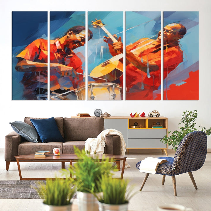 Three pieces of Abstract African American Jazz Wall Art, vibrant in color and rendered on museum-quality canvases, hang prominently. Each artwork is professionally hand-assembled for durability and features a UV-protective coating to preserve its vivid hues over time.