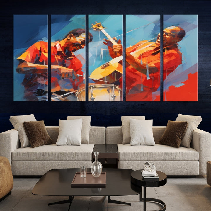 Three pieces of Abstract African American Jazz Wall Art, vibrant in color and rendered on museum-quality canvases, hang prominently. Each artwork is professionally hand-assembled for durability and features a UV-protective coating to preserve its vivid hues over time.