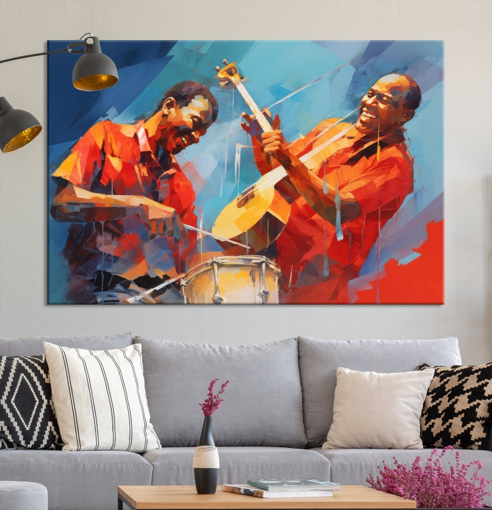 Three pieces of Abstract African American Jazz Wall Art, vibrant in color and rendered on museum-quality canvases, hang prominently. Each artwork is professionally hand-assembled for durability and features a UV-protective coating to preserve its vivid hues over time.