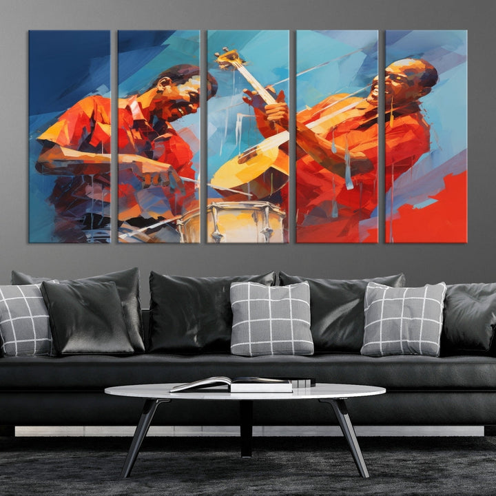 Three pieces of Abstract African American Jazz Wall Art, vibrant in color and rendered on museum-quality canvases, hang prominently. Each artwork is professionally hand-assembled for durability and features a UV-protective coating to preserve its vivid hues over time.