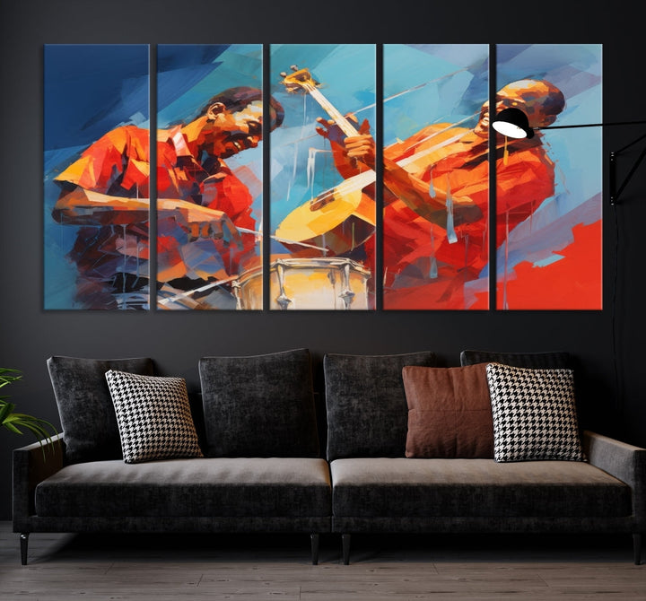 Three pieces of Abstract African American Jazz Wall Art, vibrant in color and rendered on museum-quality canvases, hang prominently. Each artwork is professionally hand-assembled for durability and features a UV-protective coating to preserve its vivid hues over time.