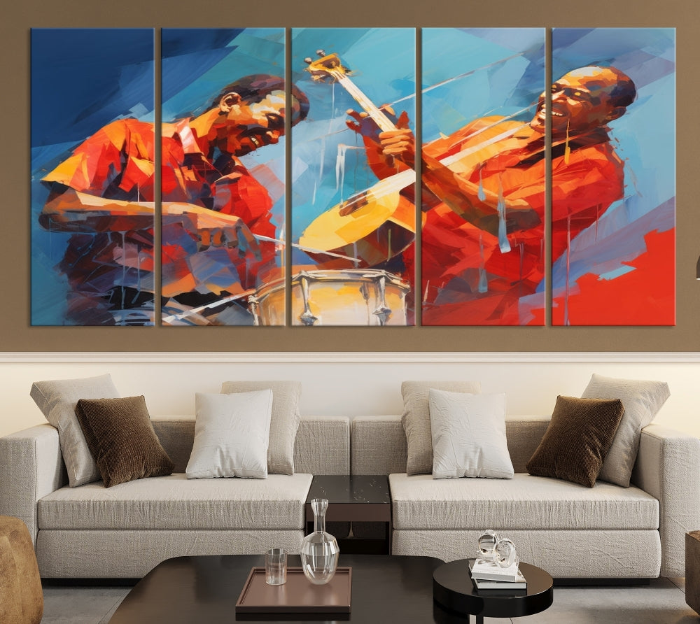 Three pieces of Abstract African American Jazz Wall Art, vibrant in color and rendered on museum-quality canvases, hang prominently. Each artwork is professionally hand-assembled for durability and features a UV-protective coating to preserve its vivid hues over time.