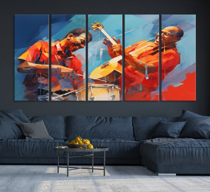 Three pieces of Abstract African American Jazz Wall Art, vibrant in color and rendered on museum-quality canvases, hang prominently. Each artwork is professionally hand-assembled for durability and features a UV-protective coating to preserve its vivid hues over time.