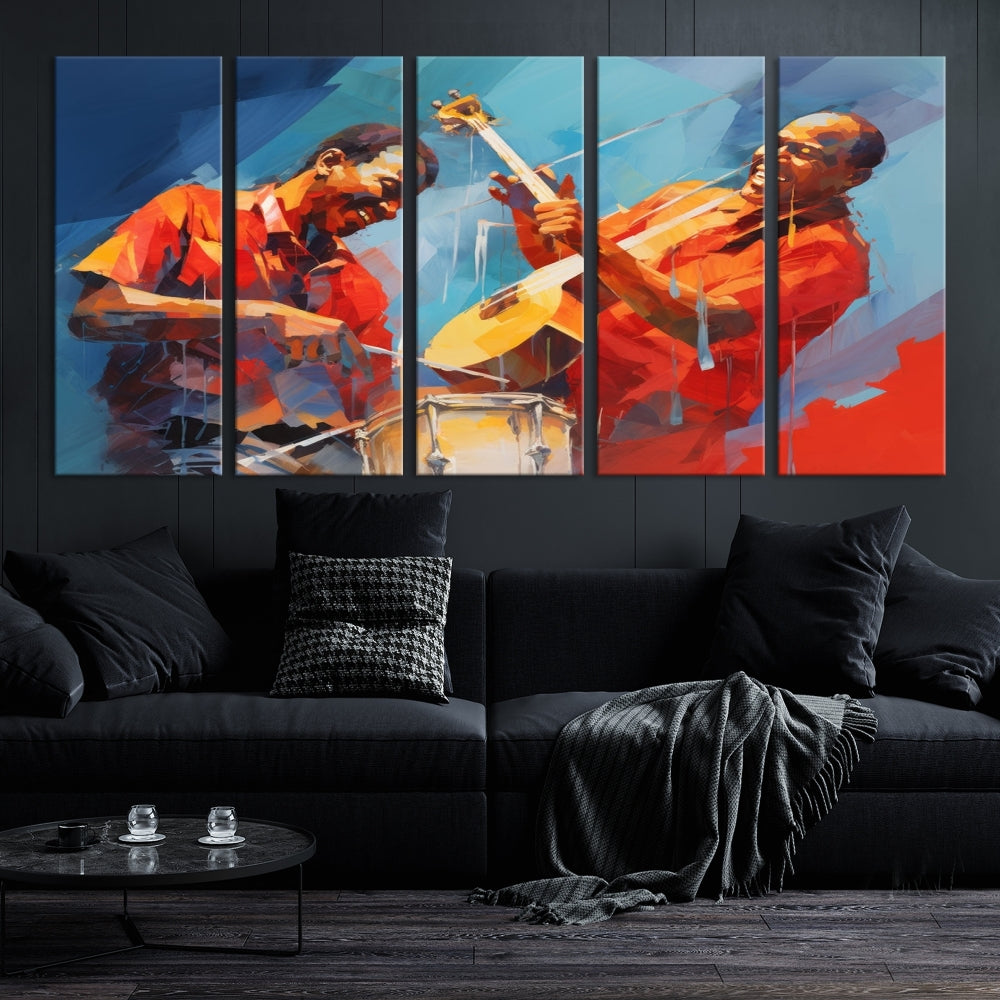 Three pieces of Abstract African American Jazz Wall Art, vibrant in color and rendered on museum-quality canvases, hang prominently. Each artwork is professionally hand-assembled for durability and features a UV-protective coating to preserve its vivid hues over time.