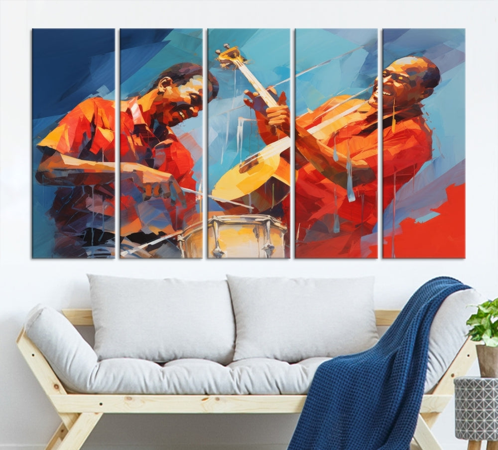 Three pieces of Abstract African American Jazz Wall Art, vibrant in color and rendered on museum-quality canvases, hang prominently. Each artwork is professionally hand-assembled for durability and features a UV-protective coating to preserve its vivid hues over time.