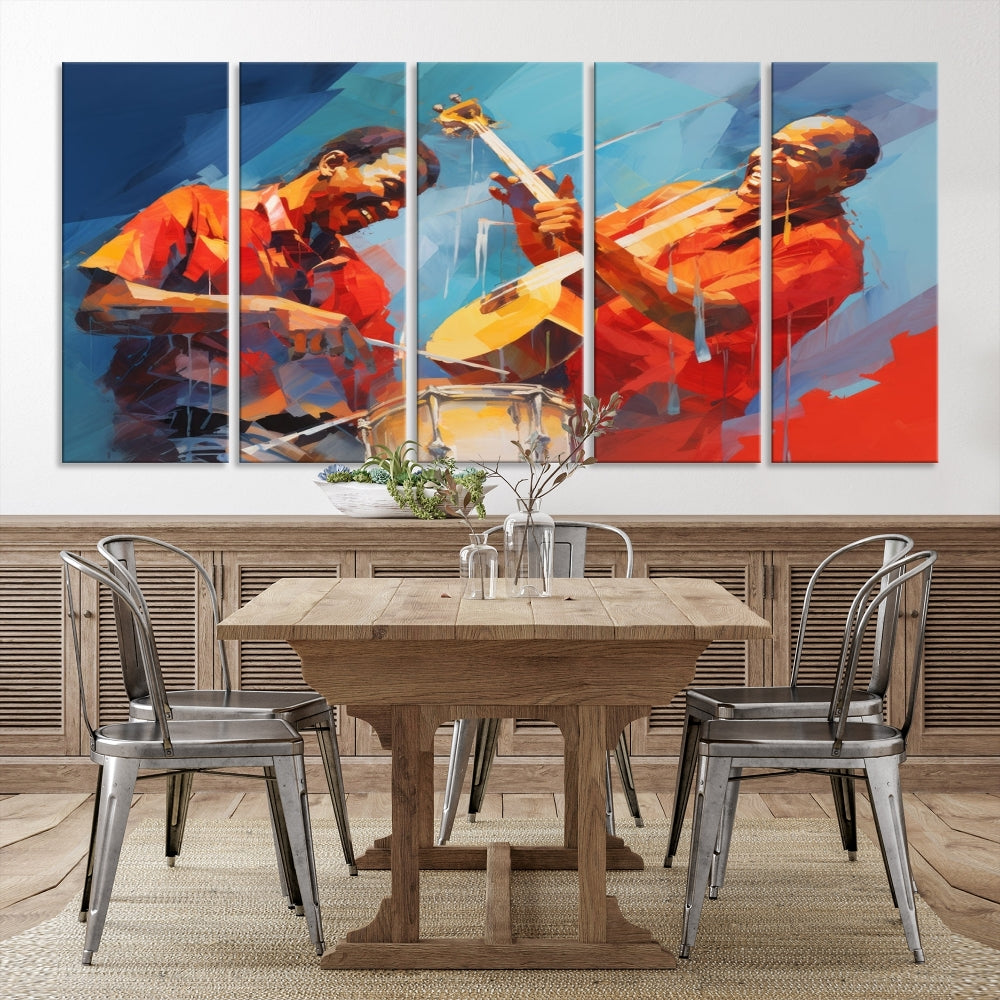 Three pieces of Abstract African American Jazz Wall Art, vibrant in color and rendered on museum-quality canvases, hang prominently. Each artwork is professionally hand-assembled for durability and features a UV-protective coating to preserve its vivid hues over time.