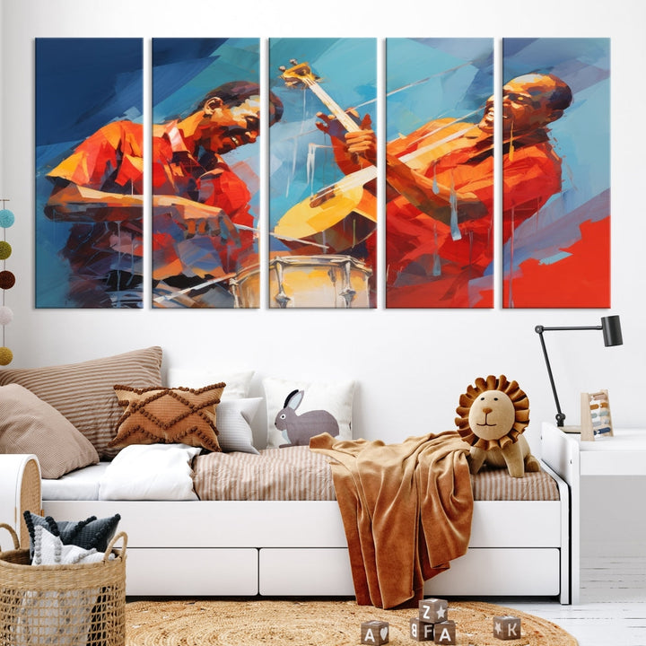 Three pieces of Abstract African American Jazz Wall Art, vibrant in color and rendered on museum-quality canvases, hang prominently. Each artwork is professionally hand-assembled for durability and features a UV-protective coating to preserve its vivid hues over time.