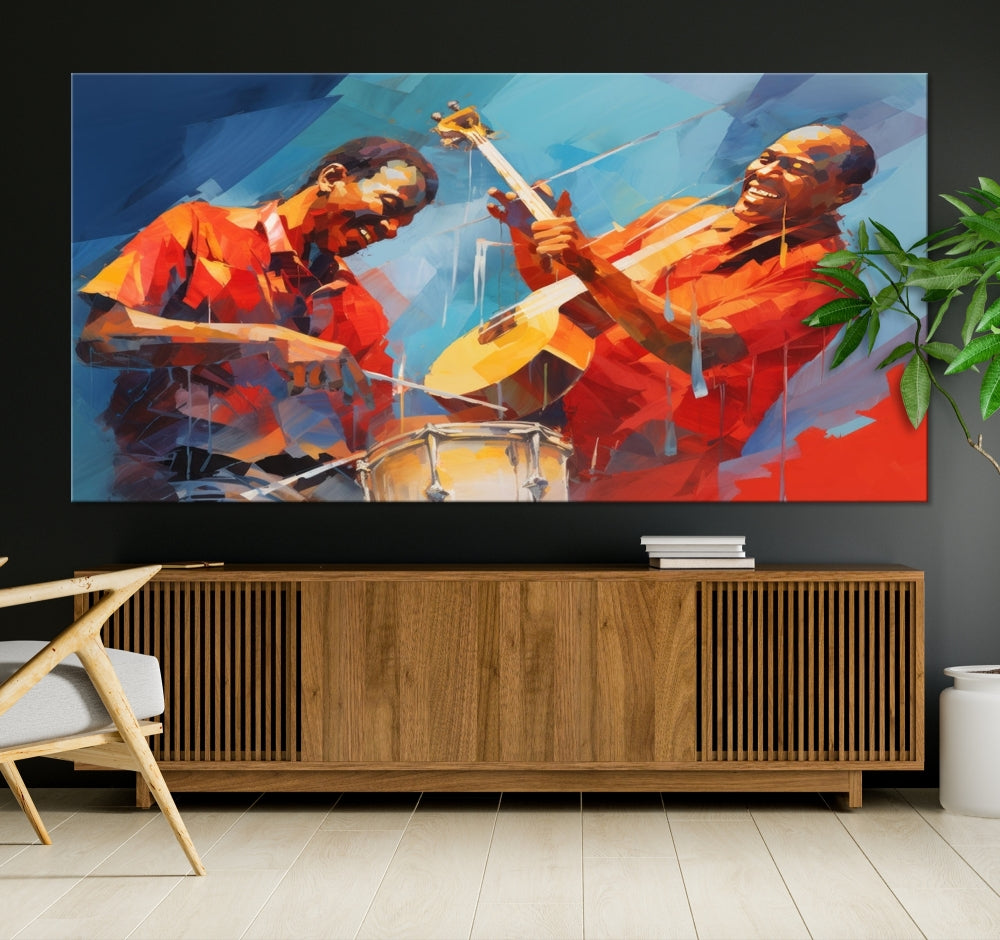 Three pieces of Abstract African American Jazz Wall Art, vibrant in color and rendered on museum-quality canvases, hang prominently. Each artwork is professionally hand-assembled for durability and features a UV-protective coating to preserve its vivid hues over time.