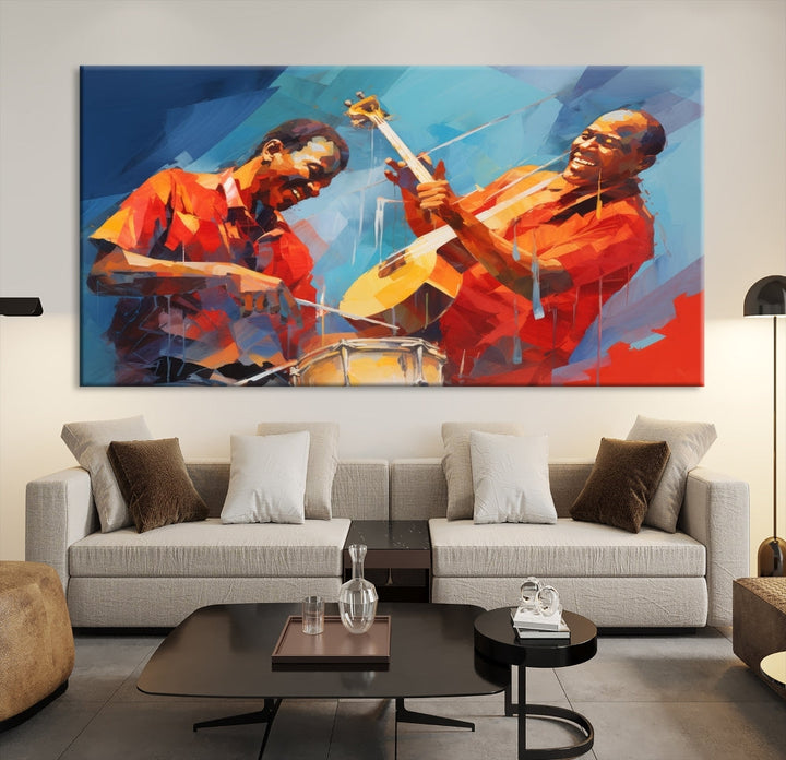 Three pieces of Abstract African American Jazz Wall Art, vibrant in color and rendered on museum-quality canvases, hang prominently. Each artwork is professionally hand-assembled for durability and features a UV-protective coating to preserve its vivid hues over time.