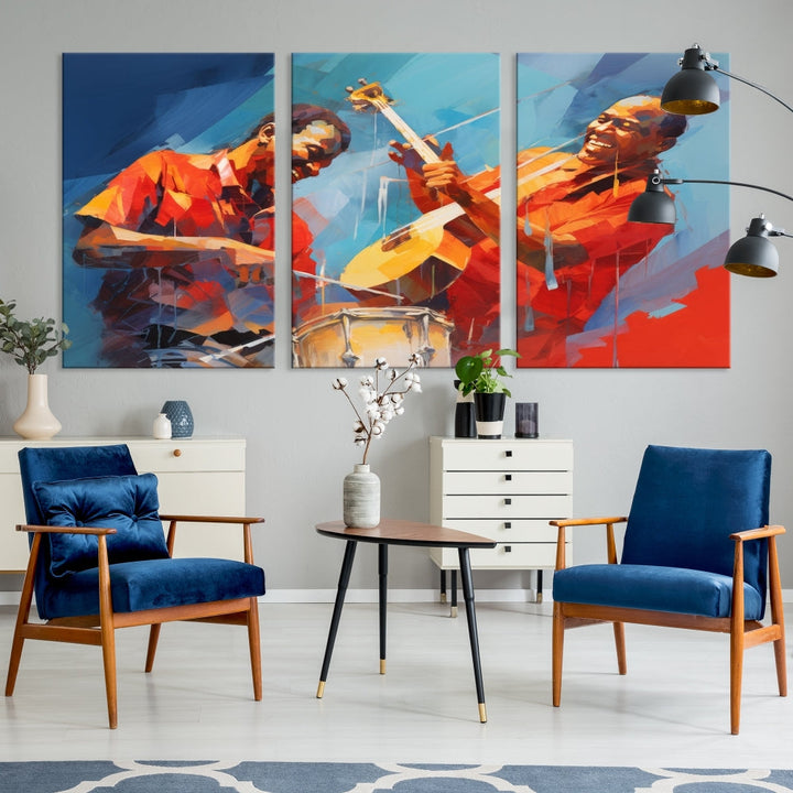 Three pieces of Abstract African American Jazz Wall Art, vibrant in color and rendered on museum-quality canvases, hang prominently. Each artwork is professionally hand-assembled for durability and features a UV-protective coating to preserve its vivid hues over time.