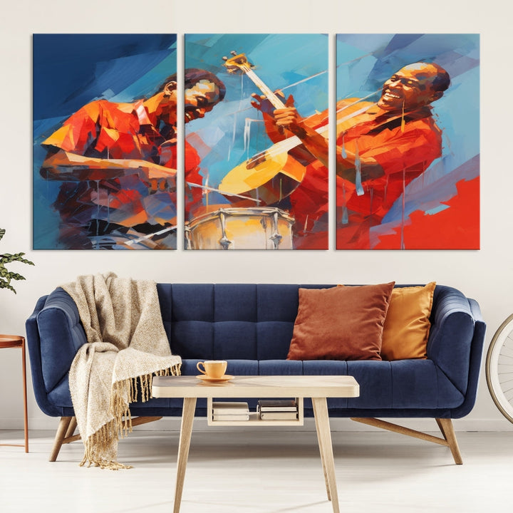 Three pieces of Abstract African American Jazz Wall Art, vibrant in color and rendered on museum-quality canvases, hang prominently. Each artwork is professionally hand-assembled for durability and features a UV-protective coating to preserve its vivid hues over time.