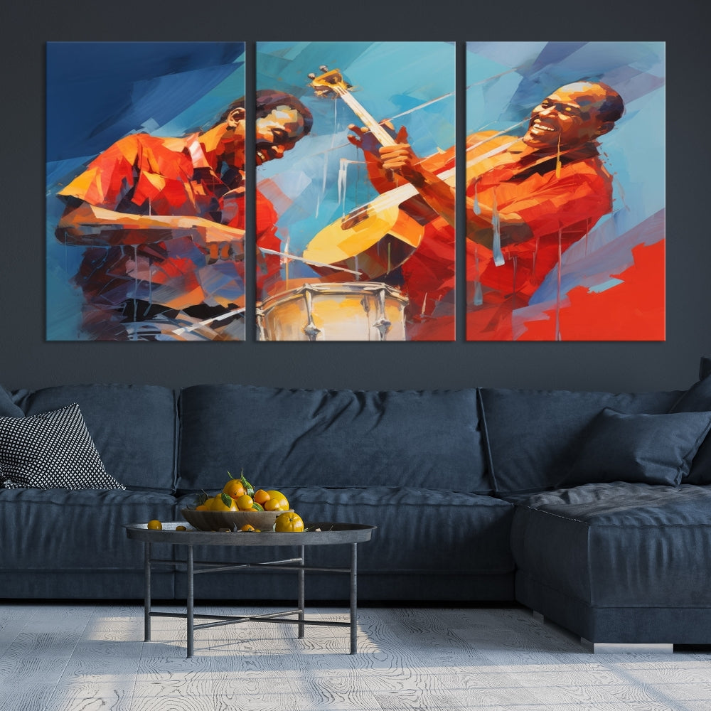 Three pieces of Abstract African American Jazz Wall Art, vibrant in color and rendered on museum-quality canvases, hang prominently. Each artwork is professionally hand-assembled for durability and features a UV-protective coating to preserve its vivid hues over time.