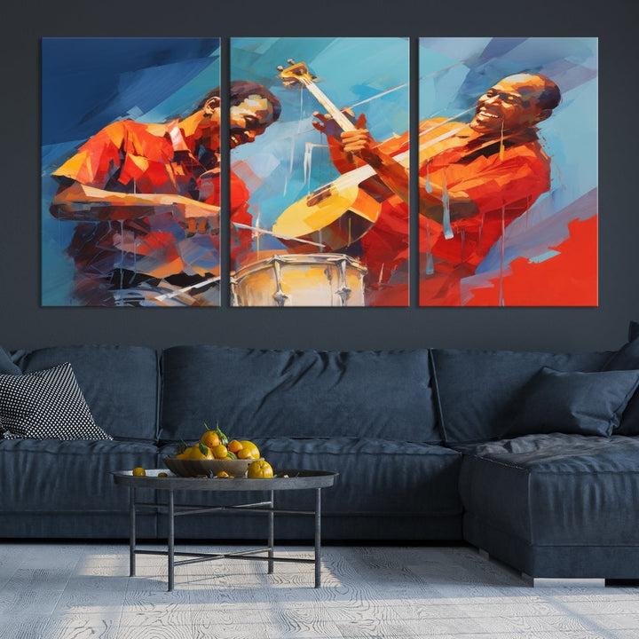 Three pieces of Abstract African American Jazz Wall Art, vibrant in color and rendered on museum-quality canvases, hang prominently. Each artwork is professionally hand-assembled for durability and features a UV-protective coating to preserve its vivid hues over time.