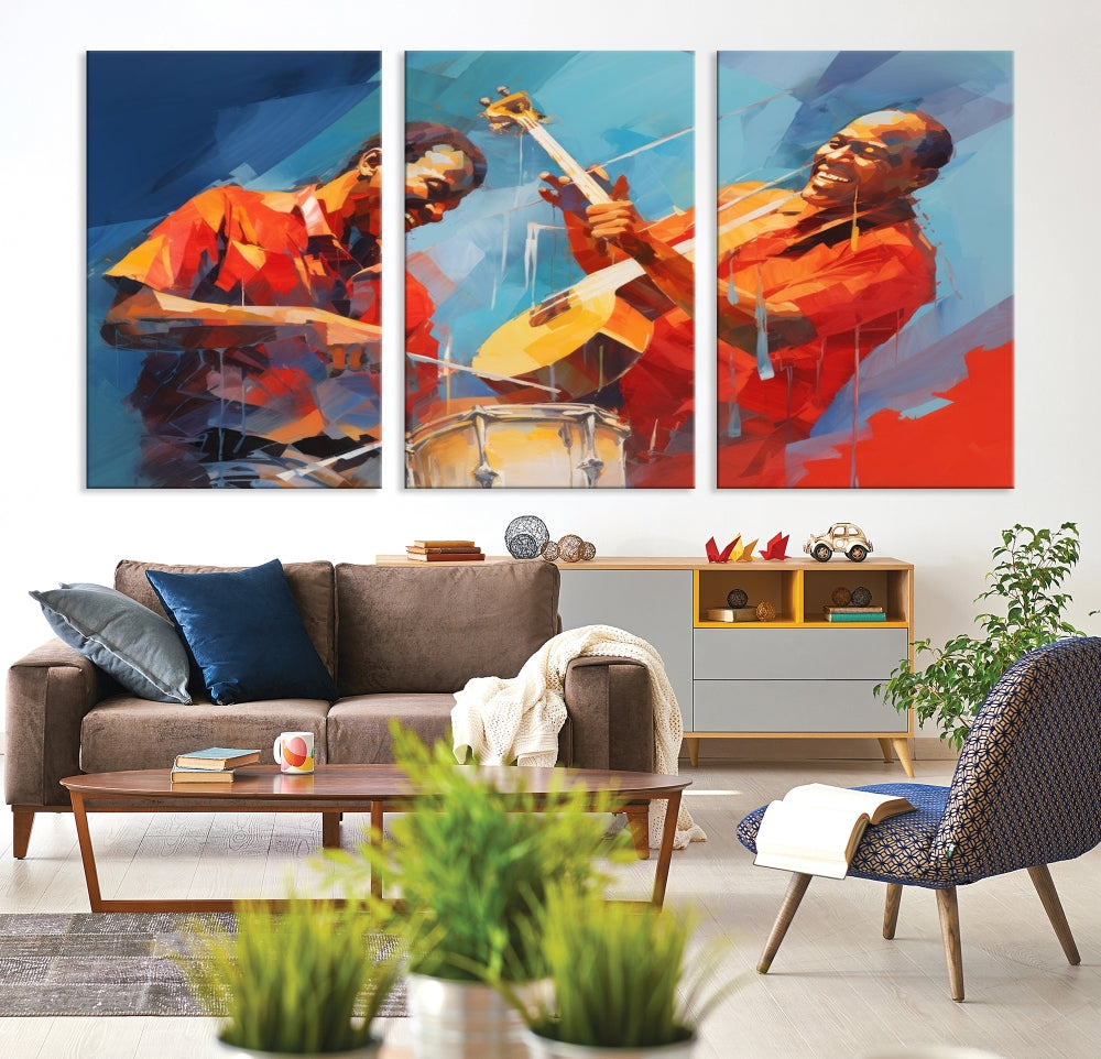 Three pieces of Abstract African American Jazz Wall Art, vibrant in color and rendered on museum-quality canvases, hang prominently. Each artwork is professionally hand-assembled for durability and features a UV-protective coating to preserve its vivid hues over time.