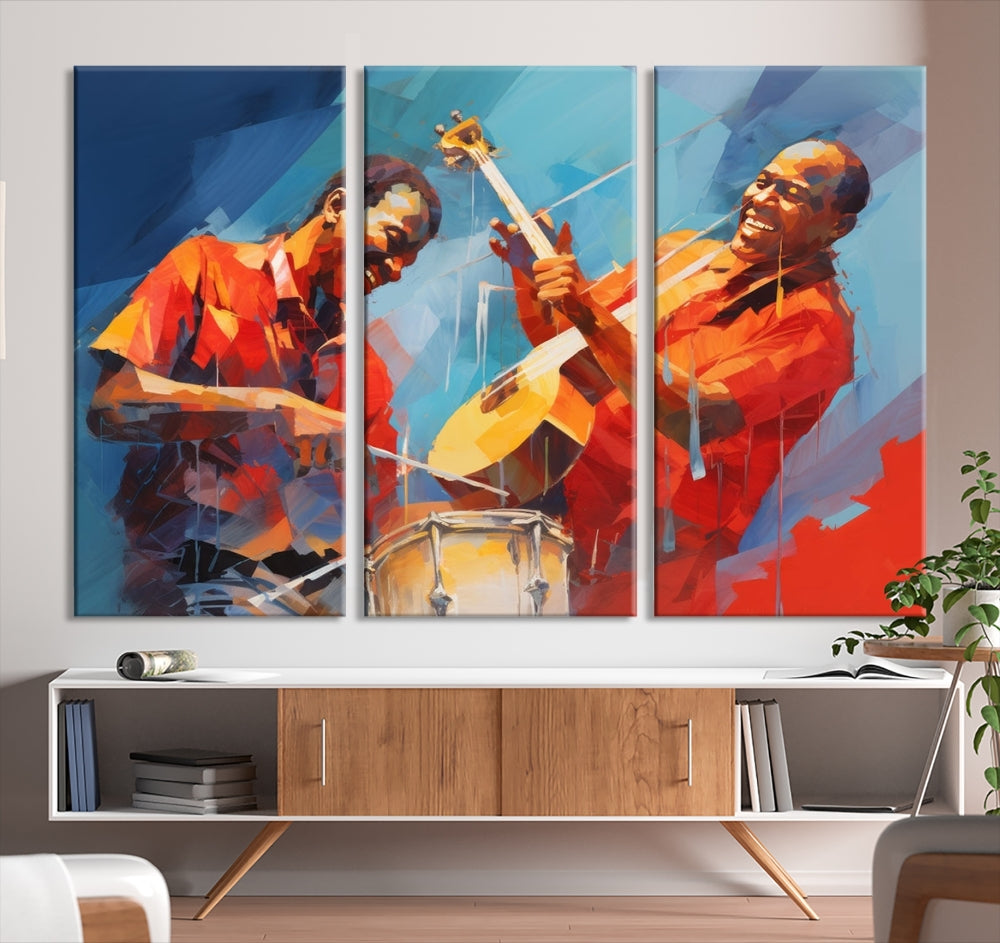 Three pieces of Abstract African American Jazz Wall Art, vibrant in color and rendered on museum-quality canvases, hang prominently. Each artwork is professionally hand-assembled for durability and features a UV-protective coating to preserve its vivid hues over time.