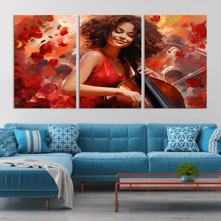 The "Abstract African American Musician Woman Playing the Cello" is a stunning three-panel piece presented on a gallery-wrapped, museum-quality canvas. It depicts a woman in red playing a cello amidst abstract red flowers. The artwork features a UV-protective coating to preserve its vibrant beauty when mounted on a white wall.