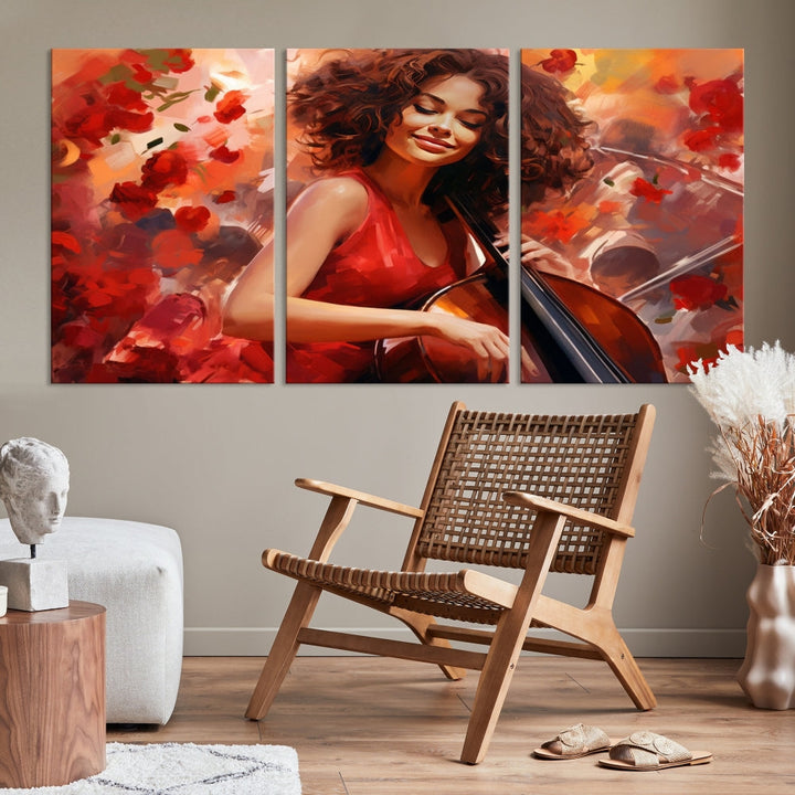 The "Abstract African American Musician Woman Playing the Cello" is a stunning three-panel piece presented on a gallery-wrapped, museum-quality canvas. It depicts a woman in red playing a cello amidst abstract red flowers. The artwork features a UV-protective coating to preserve its vibrant beauty when mounted on a white wall.