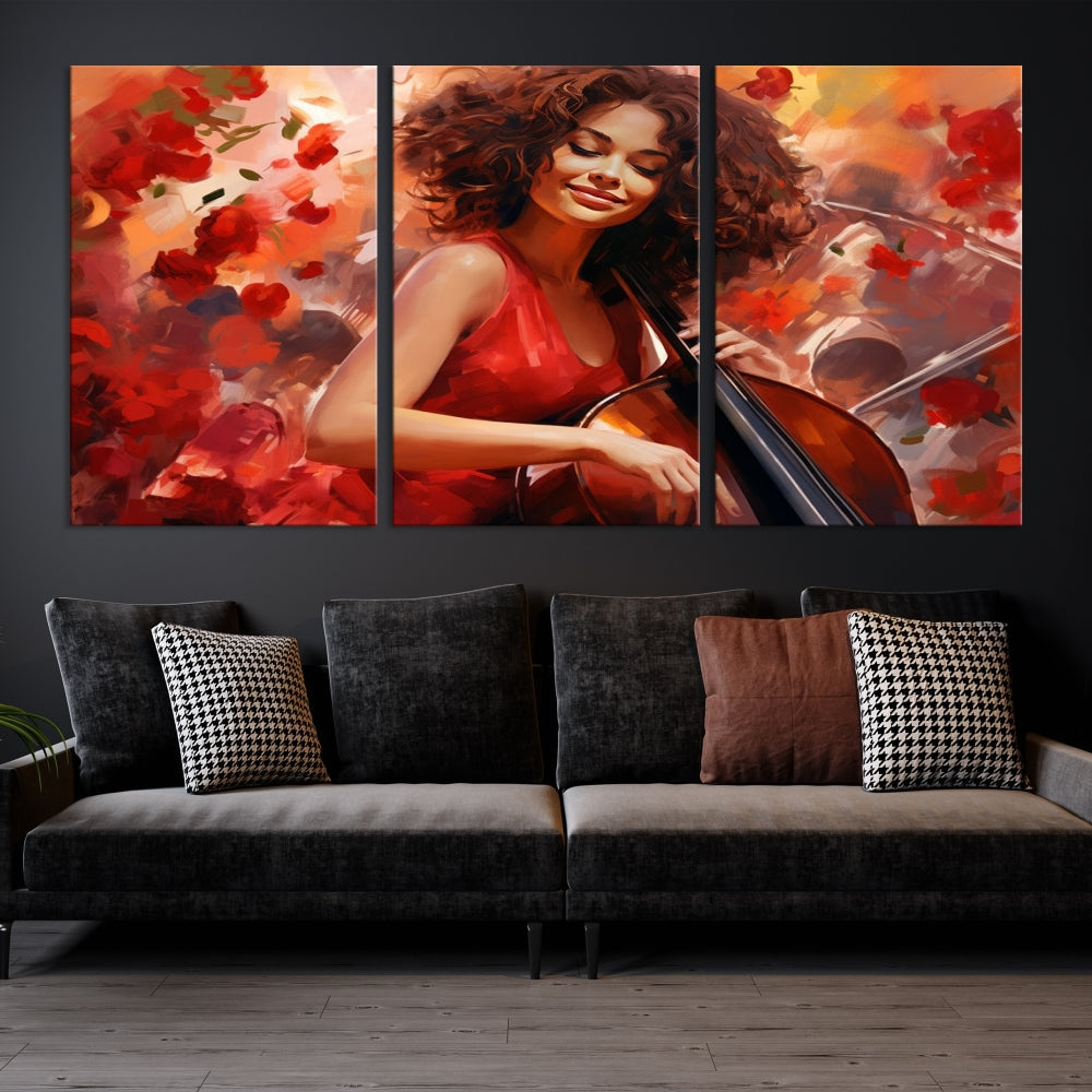 The "Abstract African American Musician Woman Playing the Cello" is a stunning three-panel piece presented on a gallery-wrapped, museum-quality canvas. It depicts a woman in red playing a cello amidst abstract red flowers. The artwork features a UV-protective coating to preserve its vibrant beauty when mounted on a white wall.