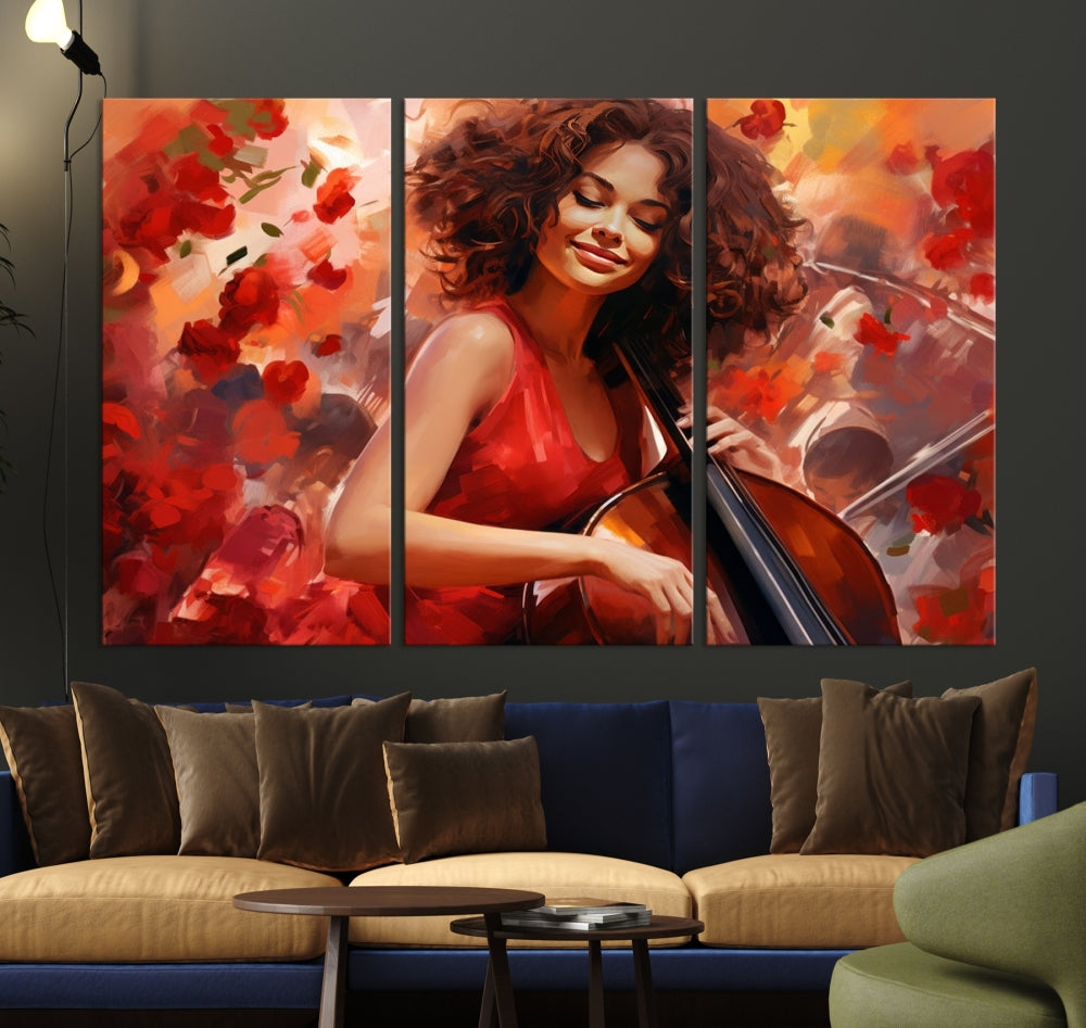 The "Abstract African American Musician Woman Playing the Cello" is a stunning three-panel piece presented on a gallery-wrapped, museum-quality canvas. It depicts a woman in red playing a cello amidst abstract red flowers. The artwork features a UV-protective coating to preserve its vibrant beauty when mounted on a white wall.