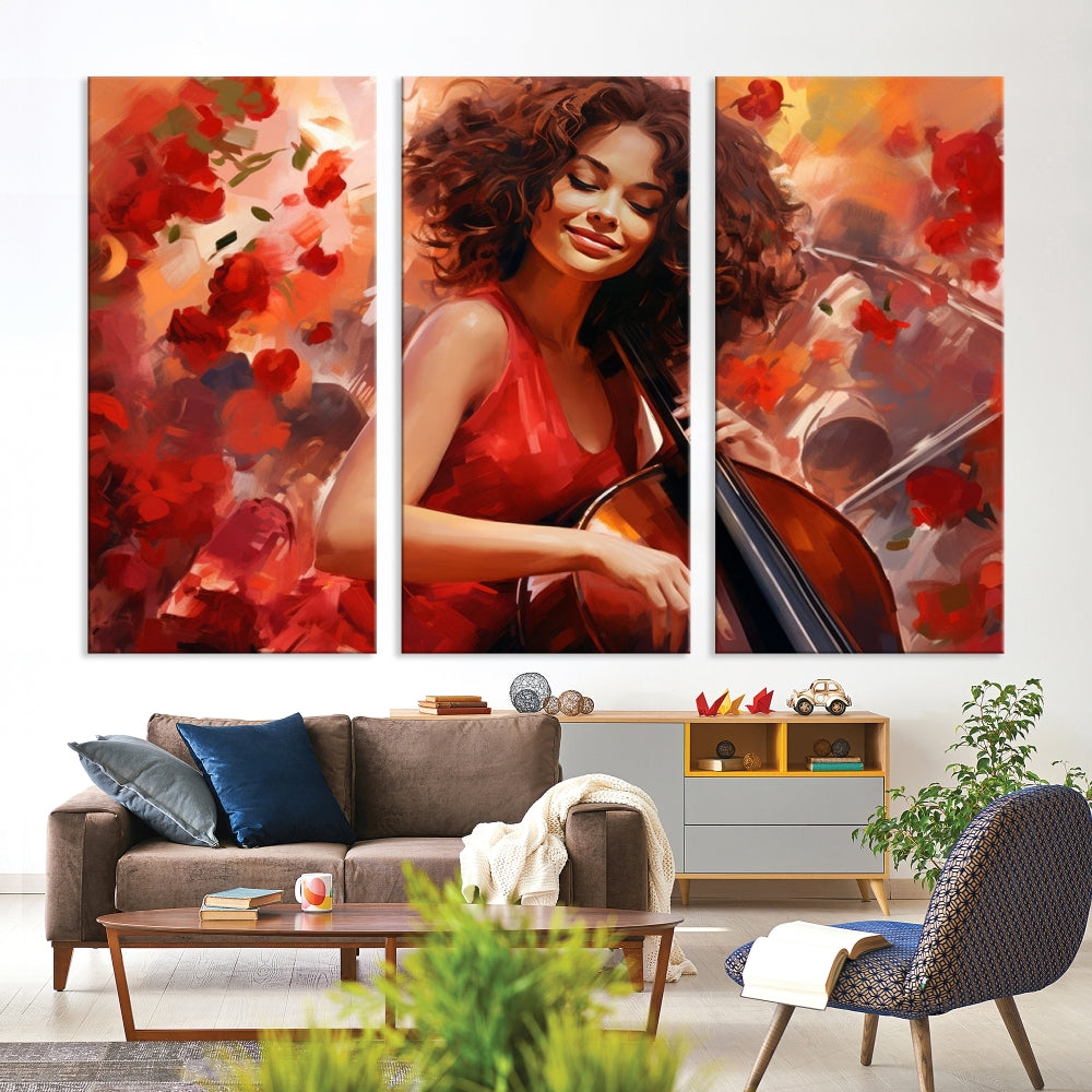 The "Abstract African American Musician Woman Playing the Cello" is a stunning three-panel piece presented on a gallery-wrapped, museum-quality canvas. It depicts a woman in red playing a cello amidst abstract red flowers. The artwork features a UV-protective coating to preserve its vibrant beauty when mounted on a white wall.