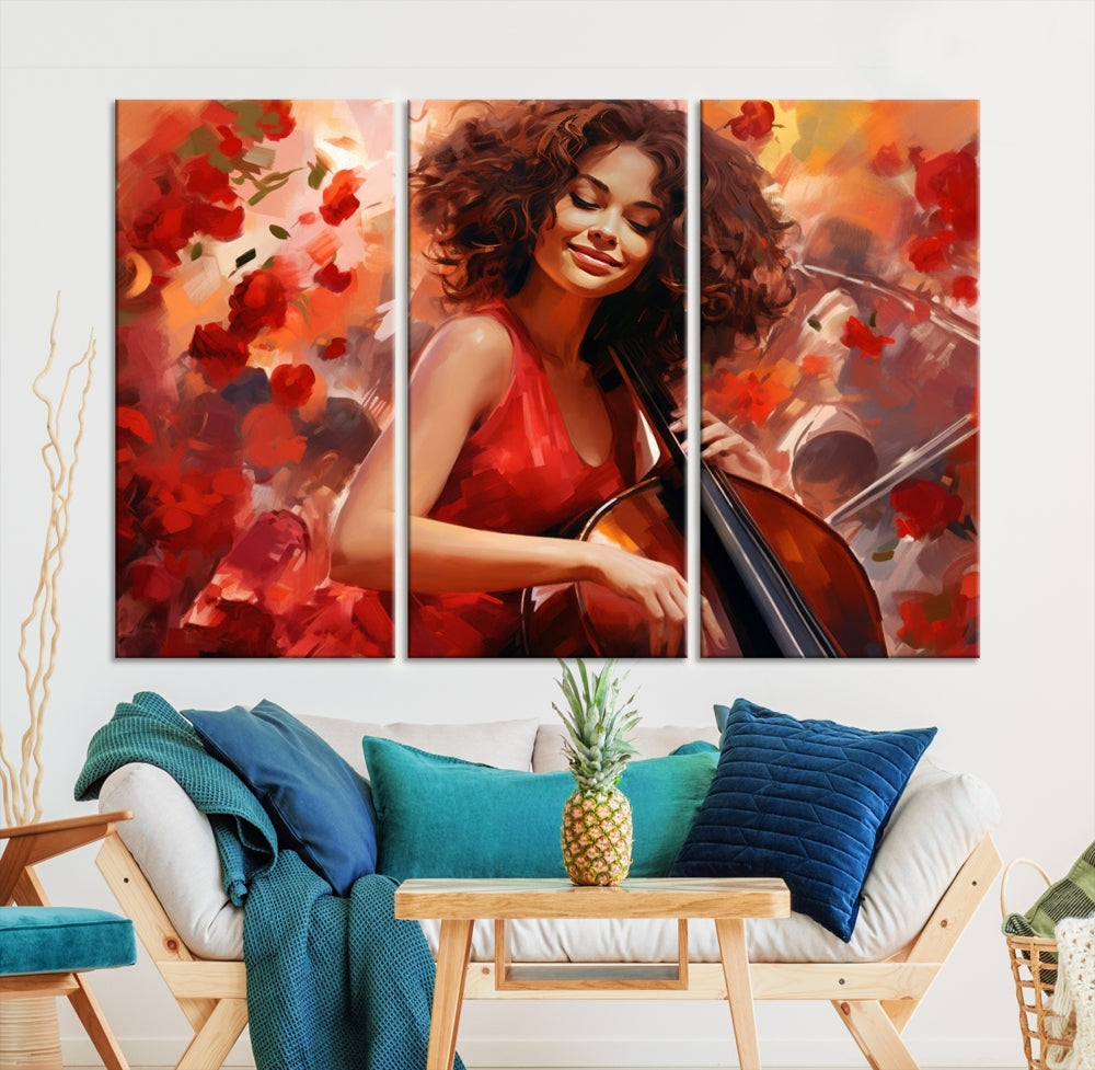 The "Abstract African American Musician Woman Playing the Cello" is a stunning three-panel piece presented on a gallery-wrapped, museum-quality canvas. It depicts a woman in red playing a cello amidst abstract red flowers. The artwork features a UV-protective coating to preserve its vibrant beauty when mounted on a white wall.