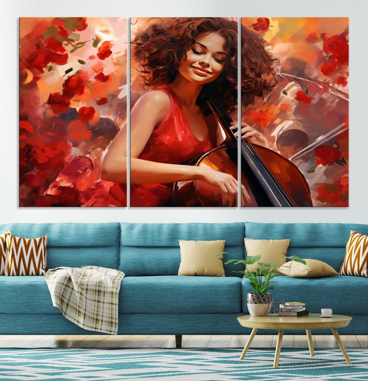 The "Abstract African American Musician Woman Playing the Cello" is a stunning three-panel piece presented on a gallery-wrapped, museum-quality canvas. It depicts a woman in red playing a cello amidst abstract red flowers. The artwork features a UV-protective coating to preserve its vibrant beauty when mounted on a white wall.