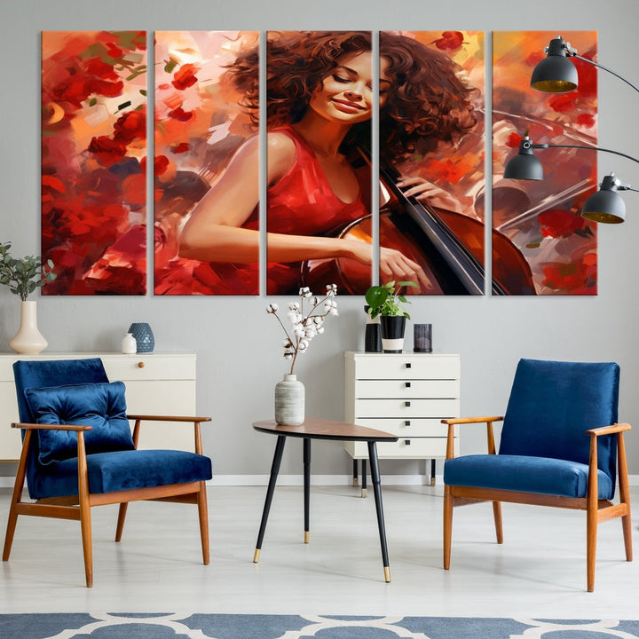 The "Abstract African American Musician Woman Playing the Cello" is a stunning three-panel piece presented on a gallery-wrapped, museum-quality canvas. It depicts a woman in red playing a cello amidst abstract red flowers. The artwork features a UV-protective coating to preserve its vibrant beauty when mounted on a white wall.