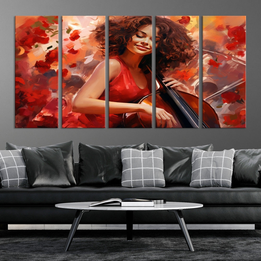 The "Abstract African American Musician Woman Playing the Cello" is a stunning three-panel piece presented on a gallery-wrapped, museum-quality canvas. It depicts a woman in red playing a cello amidst abstract red flowers. The artwork features a UV-protective coating to preserve its vibrant beauty when mounted on a white wall.