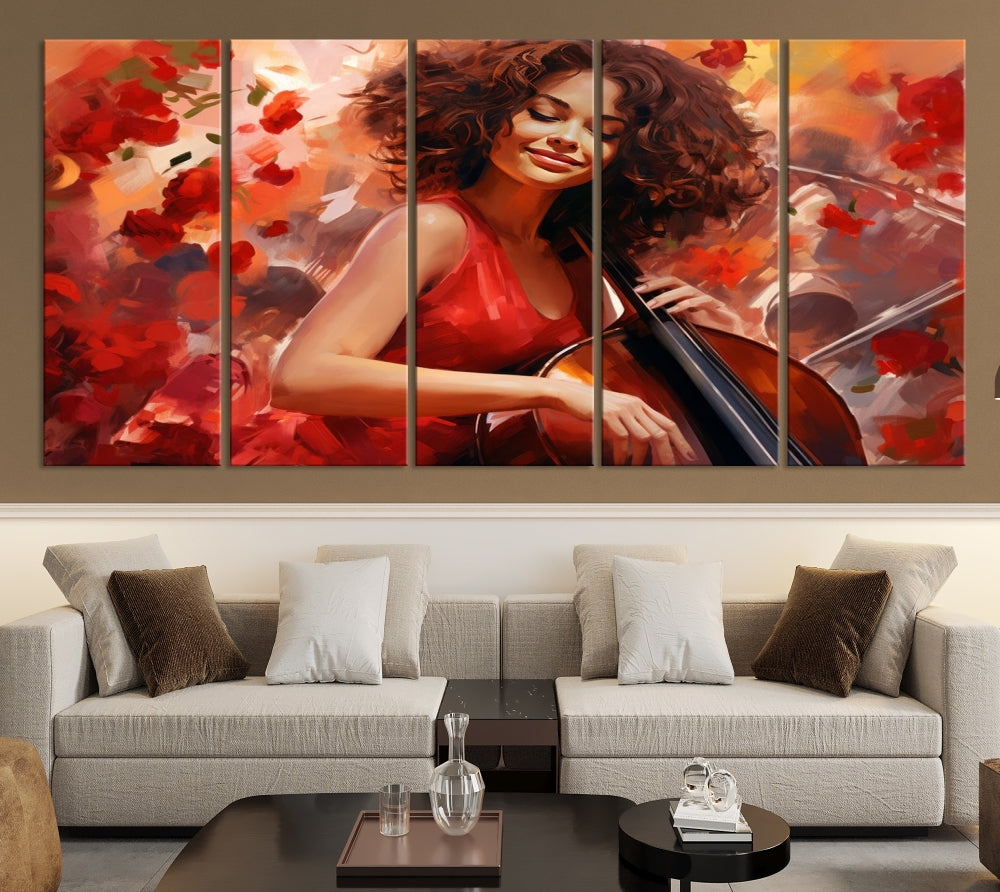 The "Abstract African American Musician Woman Playing the Cello" is a stunning three-panel piece presented on a gallery-wrapped, museum-quality canvas. It depicts a woman in red playing a cello amidst abstract red flowers. The artwork features a UV-protective coating to preserve its vibrant beauty when mounted on a white wall.