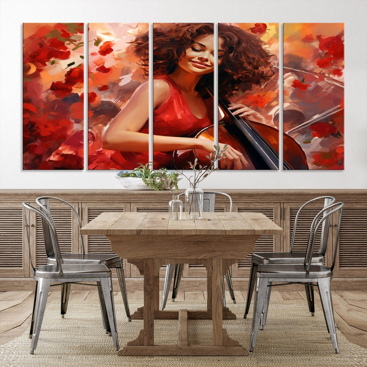 The "Abstract African American Musician Woman Playing the Cello" is a stunning three-panel piece presented on a gallery-wrapped, museum-quality canvas. It depicts a woman in red playing a cello amidst abstract red flowers. The artwork features a UV-protective coating to preserve its vibrant beauty when mounted on a white wall.