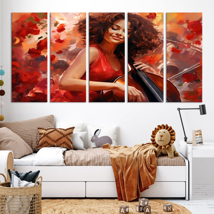 The "Abstract African American Musician Woman Playing the Cello" is a stunning three-panel piece presented on a gallery-wrapped, museum-quality canvas. It depicts a woman in red playing a cello amidst abstract red flowers. The artwork features a UV-protective coating to preserve its vibrant beauty when mounted on a white wall.