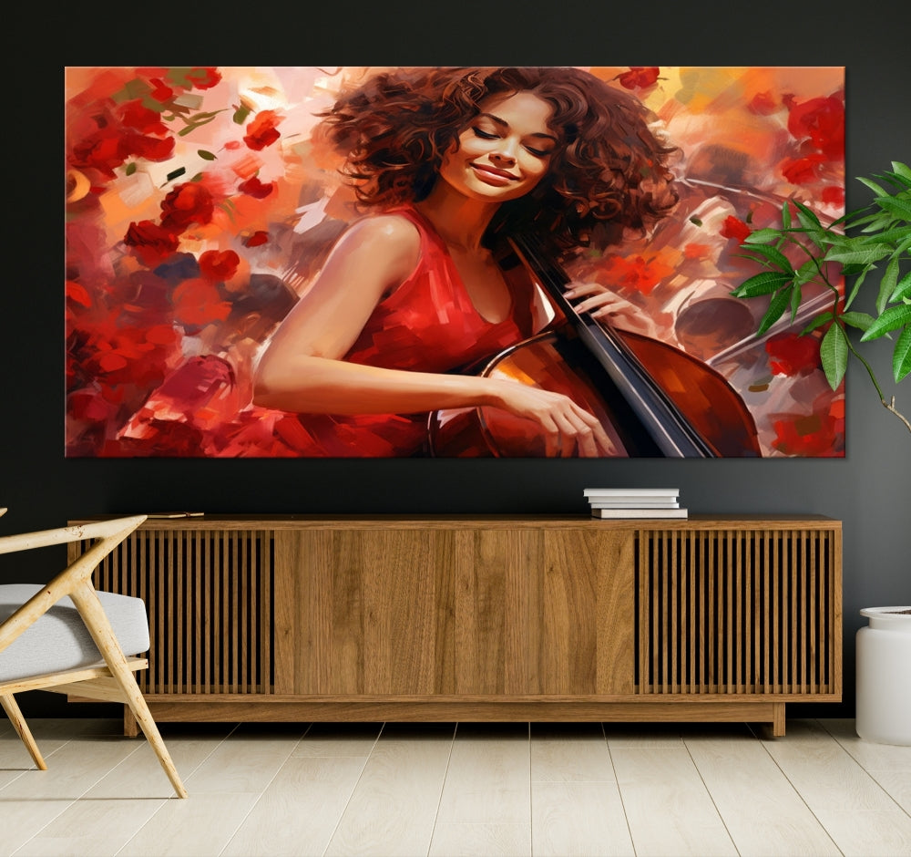 The "Abstract African American Musician Woman Playing the Cello" is a stunning three-panel piece presented on a gallery-wrapped, museum-quality canvas. It depicts a woman in red playing a cello amidst abstract red flowers. The artwork features a UV-protective coating to preserve its vibrant beauty when mounted on a white wall.