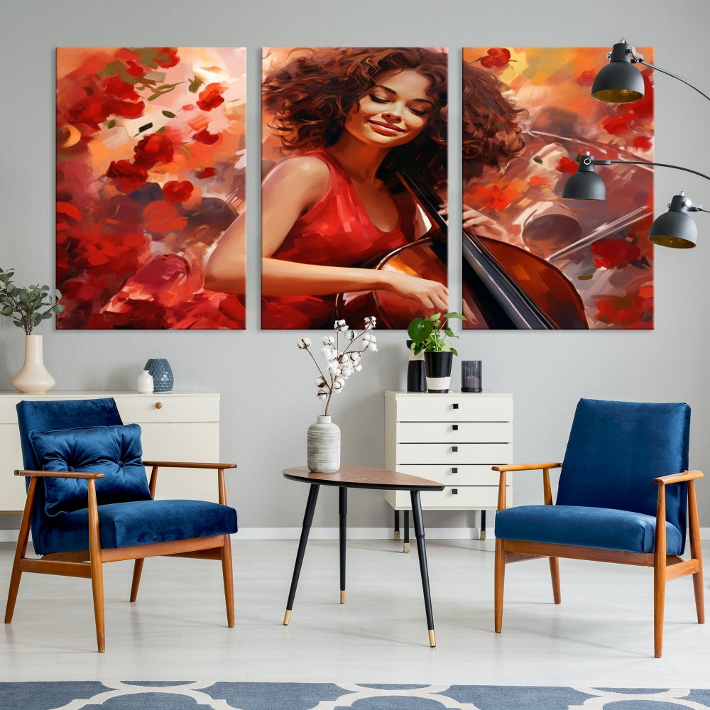 The "Abstract African American Musician Woman Playing the Cello" is a stunning three-panel piece presented on a gallery-wrapped, museum-quality canvas. It depicts a woman in red playing a cello amidst abstract red flowers. The artwork features a UV-protective coating to preserve its vibrant beauty when mounted on a white wall.